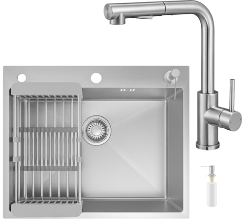CECIPA Évier Cuisine 1 Bac 60x49cm, Inox 304, Couche isolante phonique EVA | Installation sur plan ou Affleurante, Avec Distributeur Savon, Panier de Vidange, Siphon et évacuation, pour meuble 60 cm+