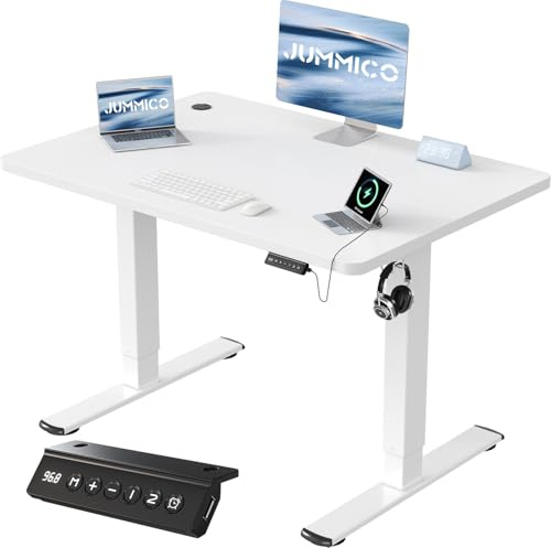 JUMMICO Höhenverstellbarer Schreibtisch mit USB-Ladeanschluss 110 x 53 cm, Schreibtisch Höhenverstellbar Elektrisch, Steh-Sitz Tisch Stehpult Verstellbarer Computertisch,Standing Desk, Weiß