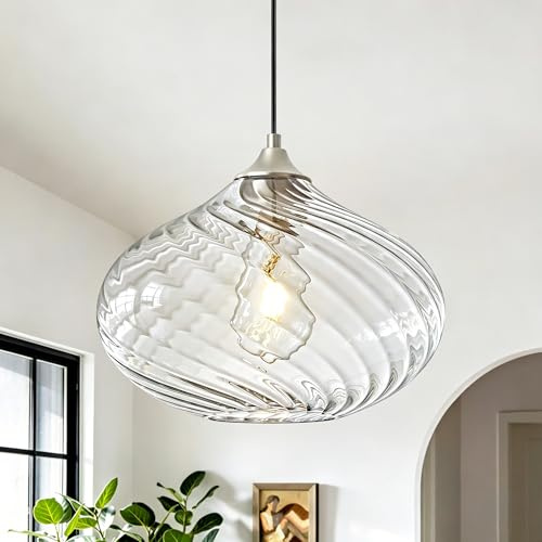 Actask Große Pendelleuchte Esstisch Ø28cm Modern Hängeleuchte Wohnzimmer | Chrom Deckenleuchte mit Gestreiftem Glasschirm, Höhenverstellbare Hängelampe für Schlafzimmer Küche Restaurant, E27 Sockel