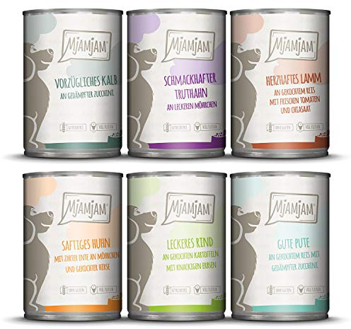 MjAMjAM - comida húmeda premium para perros - Mixpaket II - con pollo y pato, ternera, pavo, ternera, pavo, cordero, pack de 6 (6 x 400 g), natural con extra de carne