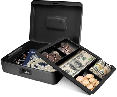 Flexzion Metal Cash Box with Combination Lock - 5-Compartment Petty Cash Box with Money Tray and Lock for Small Business - Removable Money Tray for Bills, Checks & Coins, 11.8x 9.4x 3.5, Black
