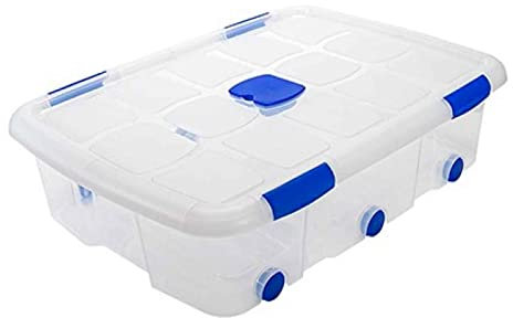 Caja de ordenación de plástico nº 14 transparente, con tapa, ruedas y asas, capacidad 56 litros, 20.5 x 76.8 x 56.5 cm