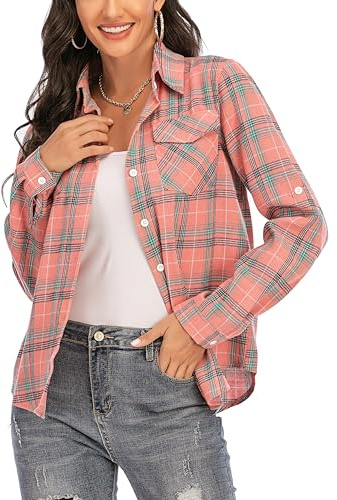 Camisa Cuadros Algodón Mujer Franela Camisa Leñador Blusas Basiccon Botones Camisetas Cuello V Manga Larga Oficina Básico Vintage Western Casual Rosa S