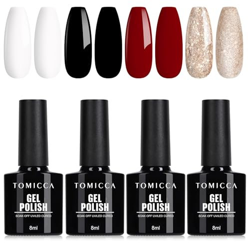 TOMICCA Gel UV Nagellack Rot Weiß Schwarz Set, 4 Farben Gold Silber Glitter UV/LED Gel Nail Polis Nicht Giftig und Langlebig, Weihnachts Set für Nagelstudio Design und DIY zu Hause, 8ml