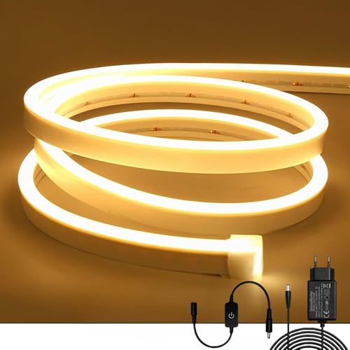 ShineBurky 5M Neon LED Strip Warmweiß, 12V Neon LED Streifen Dimmbar | Flexibel Wasserdicht IP65 Lichtleiste Silikon Led Lichtband für Wohnzimmer Schlafzimmer Wand Deko DIY (mit Netzteil)