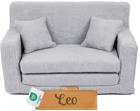 Flumi Personlig barnsoffa, barn, fåtölj, soffa, bäddsoffa, ungdomsrum med gravering, barnnamn, leksoffa för barnrum, sovfåtölj, sängfunktion, barnmöbler 92 x 40 x 60 (boucle grå)