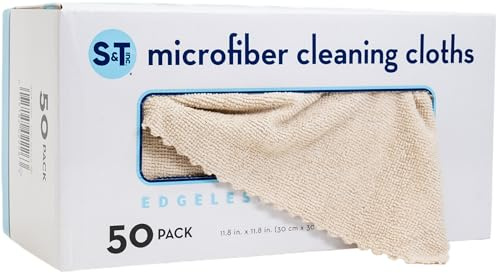 S&T INC. 50 Pack Microfiber Cleaning Cloth with Box, Bulk Towels for Home, Reusable Microfiber Towels for Cars, Cleaning Rags, Beige, 11.8 Inches x 11.8 Inches, 50 Count