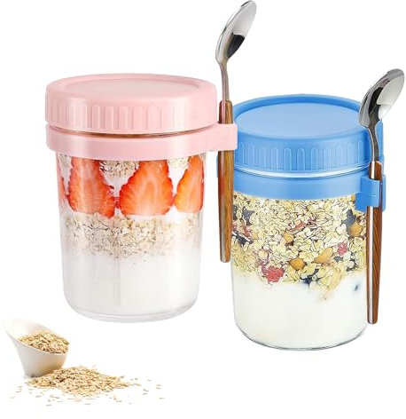 ARCPNRT Tazze di Farina D'avena per la Notte, Set di 2 Tazza per Cereali da 400 ml, Tazze di Farina D'avena in Vetro, Con Coperchio e Cucchiaio, per Yogurt, Porridge, Latte e Frutta, Blu, Rosa