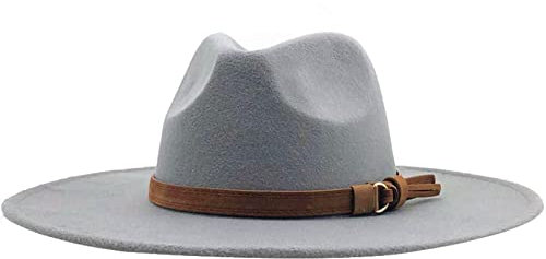 WOTZOV Klassischer Fedora-Hut aus Wolle mit breiter Krempe für Männer und Frauen, warm, mit Ledergürtelschnalle, Schlapphut, Jazzhut,Grau Einheitsgröße