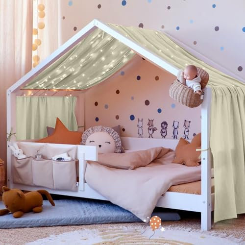 Vicloon Hausbett Himmel, Betthimmel Hausbett aus 100% Baumwolle Musselin Handmade, Stoffhimmel für Kinderbett Kinderzimmer, Betthimmel für Hausbett Deko Mädchen & Jungen, 135 x 360 cm, Beige