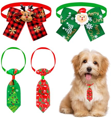 YUPZAR 2 Collari + 2 Cravatte Natalizie per Gatti e Cani Piccoli | Papillon Regolabile con Campanella | Accessori Natale Animali Domestici | Collare Gatto Feste Regalo Cosplay