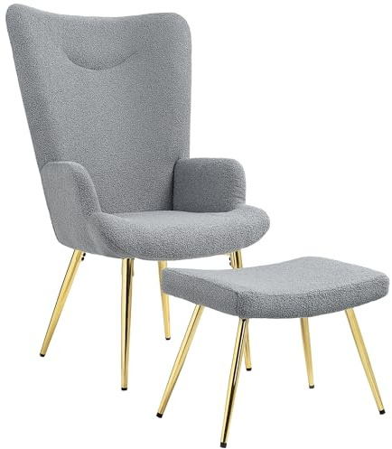 HOMCOM Fauteuil avec Repose-Pied Dossier Haut en Tissu Bouclette Fauteuil Salon Lecture avec Pieds en Acier doré pour Chambre à Coucher Salon Gris