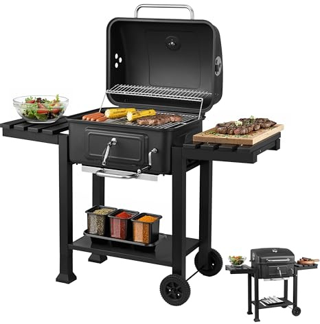 Steinborg® Kolgrill med lock och termometer – BBQ grillvagn manövrerbar med 2 grillgaller, varmhållningsgaller, höjdjusterbart kolbadkar, termometer, asklåda och sidohyllor