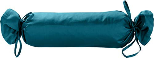 Mako Satin Kissenrolle Bezug 15x40 - Nackenrollenbezug mit Verschlussbändern aus 100% Baumwolle - Nackenrollen Bezug lang einfarbig Petrol Blau - Made in EU