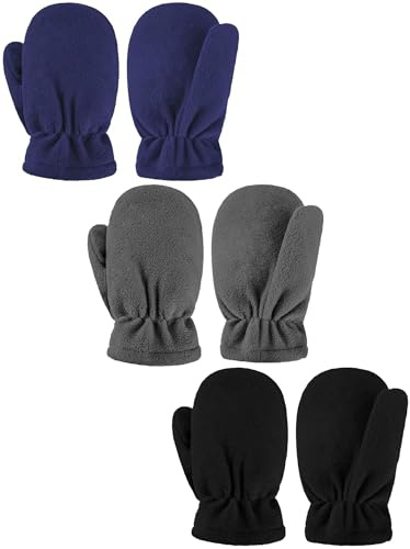 Boao 3 Pairs Baby and Toddler Winter Mittens Newborn Infant Fleece Warm Mittens Snow Gloves for Baby Boy and Girl (Black, Grey, Navy Blue, 5-7 Years)