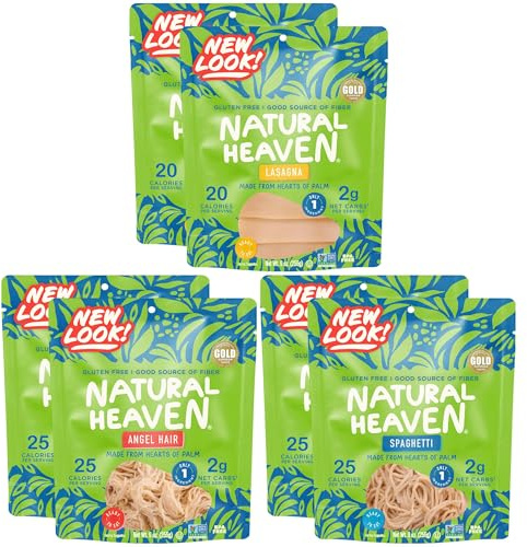 Natural Heaven Hearts of Palm Pasta Variety 6-Pack – Spaghetti Noodles, Angel Hair, Lasagna, Low-Calorie, Keto & Gluten-Free Food, Vegan, 9 Oz Ea