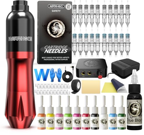 Wormhole Tattoo Maschine Set Tattoo Set Tattoo Pen 10 Cartridges Tattoo nadeln Tattoo Pedal Power Supply Tattoo Zubehör for Tattoo Artists Rot