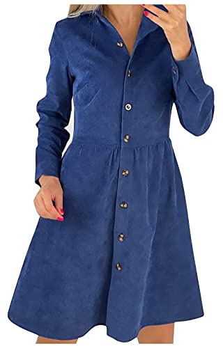 SumLeiter Damen Cordkleider Casual Kleider Swing Langarm Hemdkleid Einreiher Blusenkleid Elegant Longshirt Herbst Leinen Tunikakleider Minikleid Vintage Shirtkleid Winterkleid Lang A-Linien Kleid