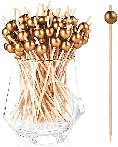 ALINK 100 Cocktailspieße Holz Spieße Fingerfood Partypicker mit Gold Acrylperle12 cm für Grillgut, Fingerfood, Obst-Spieß, Candy und Antipasti für Party Geschenk Fasching Geburtstag Party