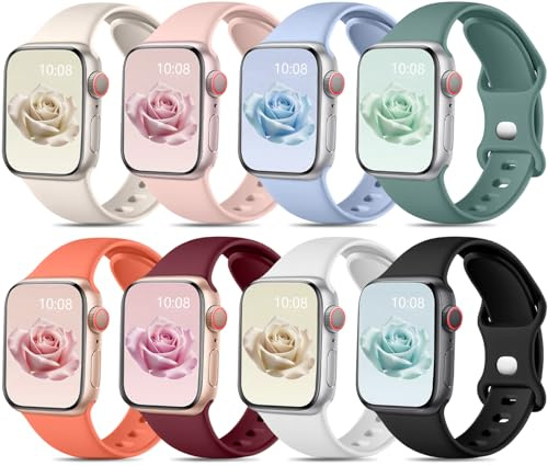 Mastten 8 Pièces Bracelets Compatible avec Bracelet Apple Watch 46mm 45mm 44mm 49mm 42mm, Bracelet Sport en Silicone Souple pour iWatch SE Series 11 10 9 8 7 6 5 4 3 2 1 Ultra, Couleur Claire
