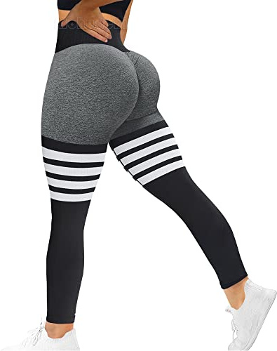 MOHUACHI Leggings med hög midja för kvinnor, magkontroll, rumplyft, yogabyxor, träning, kompressionströjor, (#9) randig, grå, M