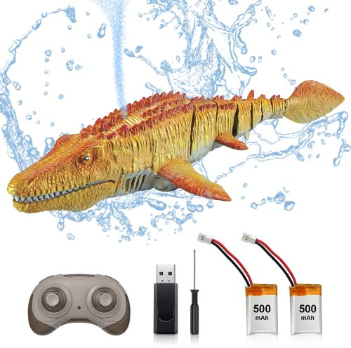 OBEST Bateaux Telecommander Mosasaure Shark, 2.4GHz Jouet RC Bateau avec Requin, Rechargeables Boat Simulation de Mosasaure Nageant avec Jet d'eau, Jouets Aquatiques pour Cadeau Enfants (2 Batteries)