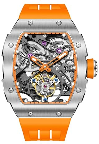 Haofa Tourbillon Watch Skeleton Mechanical Watch Sapphire Stainless Steel Men's Watch Waterproof Luminous Automatic Watches for Men Tourbillon Watches Men 1908, orange