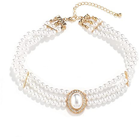 BSLVWG Suite de Boda collar de cuentas choker de 3 filas imitación collar de perlas rodio chapado elegante encanto femenino cadena de varias capas