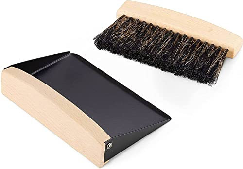 OAKART Mini Metal Dustpan and Brush Set for Sweeping Crumbs Fireplace, Natural Table Sweeper Combo Black Horsehair