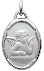 Tata Gisèle Médaille de Naissance Baptême en Argent 925/000 Rhodié - Ange Angelot - Ovale - Gravure Incluse au Verso
