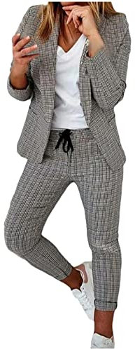 Masrin Hosenanzug Damen Gutschein Anzug Set Blazer Hose 2-teilig Karo Einfarbig Zweiteiler Sale Slim fit Partykleidung, X3-dunkelgrau