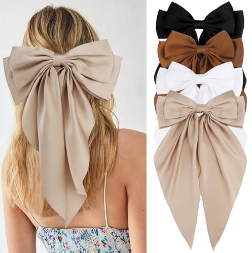 Velscrun Hair Bows for Women Girls 4Pcs White Silky Hair Bow Khaki Satin Large Coquette Bow Brown Big Hair Bows Clip Oversized Hair Ribbons Long Tail Black Bow Hair Barrettes Hair Accessories Gifts