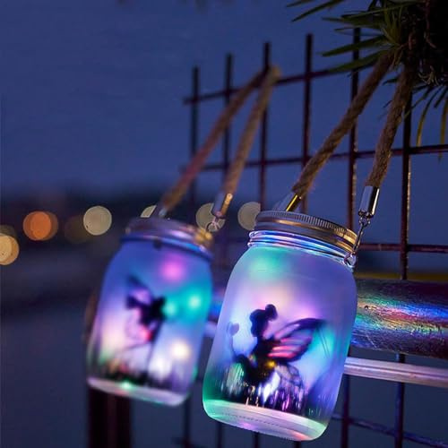Lanterne Solari Esterni, 2 Pezzi Lampade Solari di Vetro da Giardino, Il Fata Delle Farfalle in Barattolo di Vetro, Impermeabile Lanterna Prato Appendere per Feste Cortile Decorazioni (RGB)