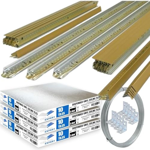 10m2 Gold Suspended Ceiling Grid System 600mm x 600mm Complete Suspension with Vinyl Ceiling Tiles 595mm x 595mm 7mm 30 Tiles