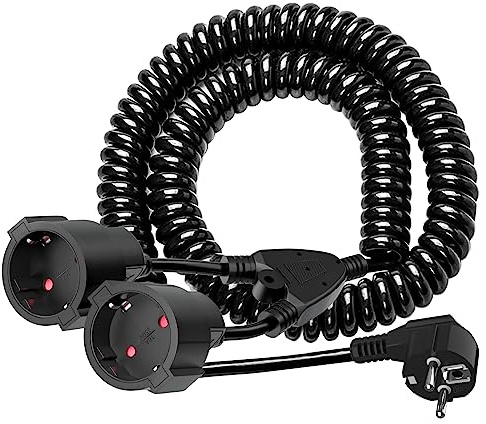 5M Verlängerungskabel mit 2 Schuko Steckdosen, Spiralkabel Spiralverlängerung von 0.8m bis 5 m Max, Verlängerungskabel Spiralleitung mit Doppel Schuko Stecker(230V/16 A), 2-Fach Steckdosen Schwarz