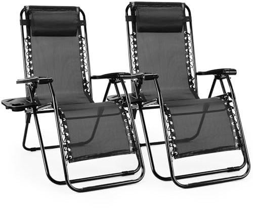 Sweetcrispy Zero Gravity Chairs, Set of 2 Portable Recliner Beach Camping Patio Outdoor Folding Lounge Chair with Cup Holder Trays and Adjustable Pillow for Poolside, Garden, Backyard, Lawn, Black
