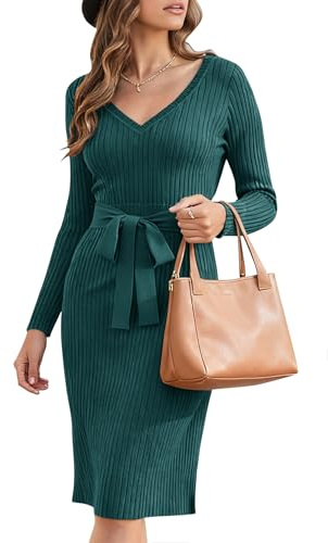 Newshows Jumper Dress Long Sleeve Knitted Dress with Belt | V Neck Elegant Dress, Slim Fit Bodycon Sweater Dress