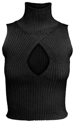 Mujeres Mock Neck Recorte Keyhole Front Crop Top Punto Acanalado Sin Mangas Suéter Chaleco Clubwear-Negro-S