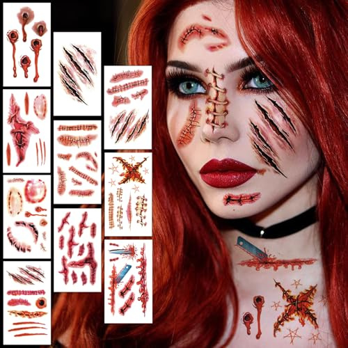 10 Blatt Narben Halloween Tattoo, Horror Wunden Halloween Tattoo Gesicht, Zombie Vampir Kratzer Scab Blut für Haloween Kostüm Damen Herren Make Up