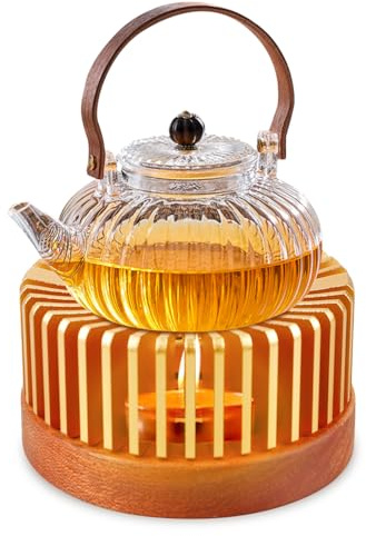WIYETY Réchaud pour théière, chauffe-théière en aluminium et bois, lampe aromatique, bougie chauffe-plat, convient pour toutes les théières (or rose)
