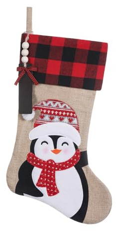 TWSANTAMAS Christmas Stockings Personalized, 20 Burlap Plaid Xmas Stocking with Wooden Tags DIY Name,Farmhouse Holiday Decoration Gifts（Penguin）