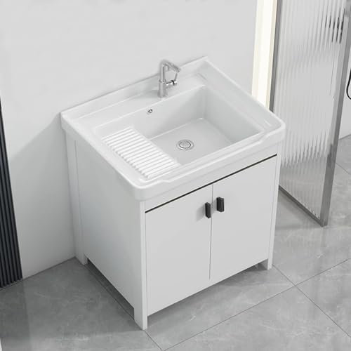 Mobiletto per bagno con lavandino in ceramica, mobiletto moderno per il bagno, vasca per lavanderia a doppia anta legno, stazione lavaggio per lavabo montaggio rapido per garage, ristorante,lavanderia