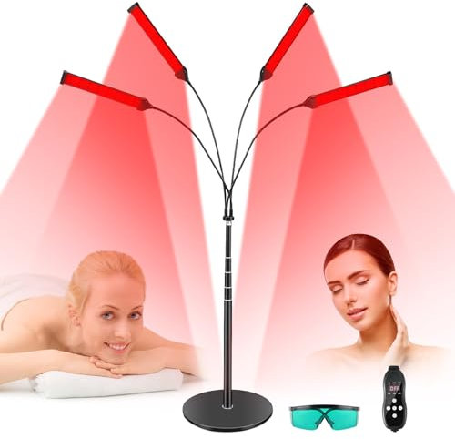 4 in 1 Red Light Lamp with Stand, 768LEDs Infrared Light Device with Timer, 630nm & 660nm & 850nm & 940nm, 360°Rotating, Eye Protection Goggles, Remote Control Unit