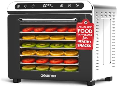 Gourmia 8 Tray Digital Food Dehydrator - 360° Airflow, 30 Minute–24 Hour Timer, Glass Door, Jerky, Fruits, Veggies & More, 95°F–185°F, 625W, Stainless Steel