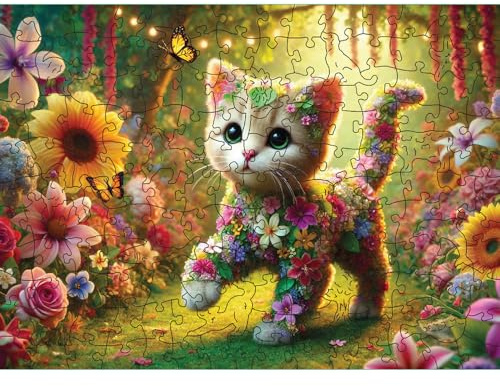 HCM Kinzel - Rompecabezas de Madera - Gato en el jardín, 150 Piezas, diseño único, Acabado, Colores Brillantes, Duradera