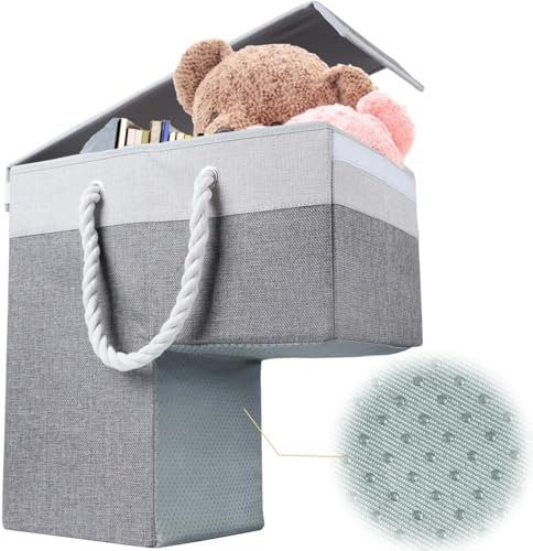 Ecopandy Lightweight L-Shape Large Stairs Basket Flax with lid, Foldable Step Tidy Storage Basket, Ladder Staircase Baskets, Bin for Laundry, Toys, Staircase Storage Basket Organiser, 40 x 25 x 40 cm