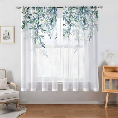 Odot Halbtransparente Vorhänge mit Stangentasche, 3D Grün Blatt Muster Voile Gardinenvorhang 2 er Set Fensterschal Moderne Vorhänge Fenster für Wohnzimmer Schlafzimmer