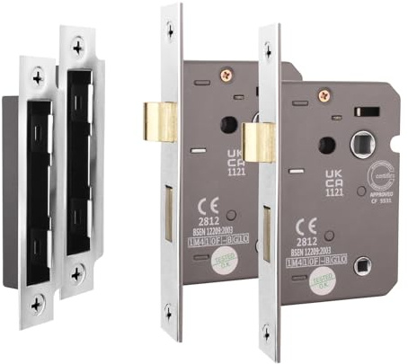 EAI Polished Chrome Bathroom Lock, 80mm / 3 Inch, Fire Rated, Pack of 2 | Mortice Lock for Internal Doors with 57mm Backset, 30/60 Minute Fire Tested, Adjustable Keep, Dust Box and Fixings Included