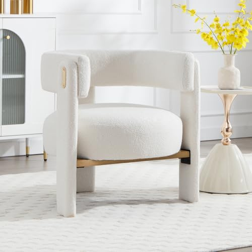 Ya-Home Loungesessel, Ohrensessel aus Kunstfell, Weiß | Relaxsessel mit Holztragbalken, Armlehnstuhl Sessel Wohnzimmer mit 3 Beinen & geschwungene Rückenlehne