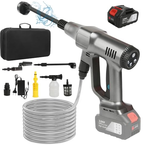 Hidrolimpiadora Batería, Máximo 200 Bar, Hidrolimpiadora de Alta Presión con Batería 15000mAh, Boquilla 6 en 1, Boquilla Ajustable y Manguera 5m, Pistola de Agua a Presión Coche Suelo Jardín, Plata